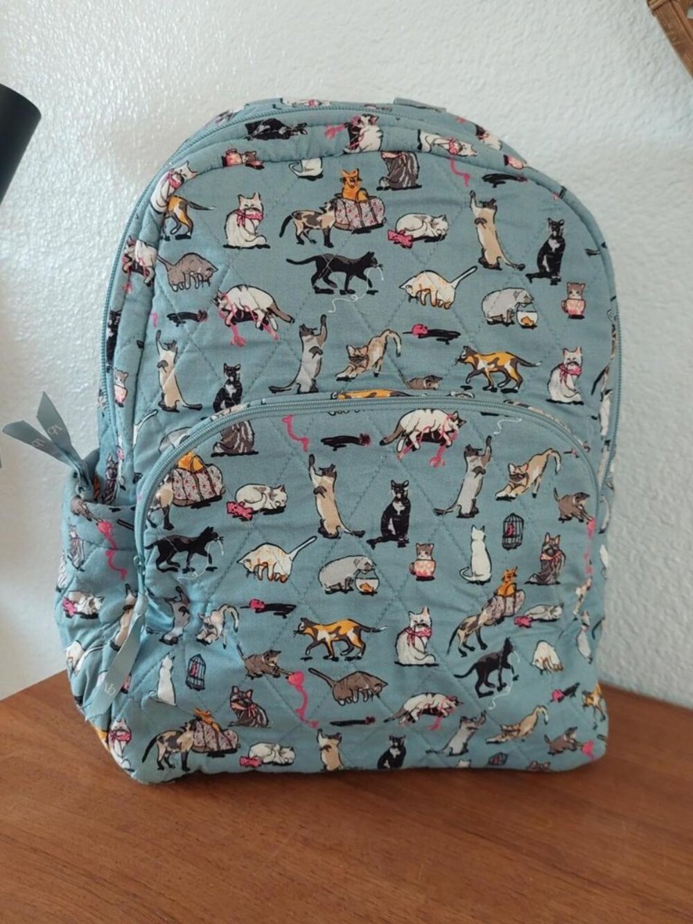 vera bradley cats meow Blue cat print backpack with multiple cat illustrations #